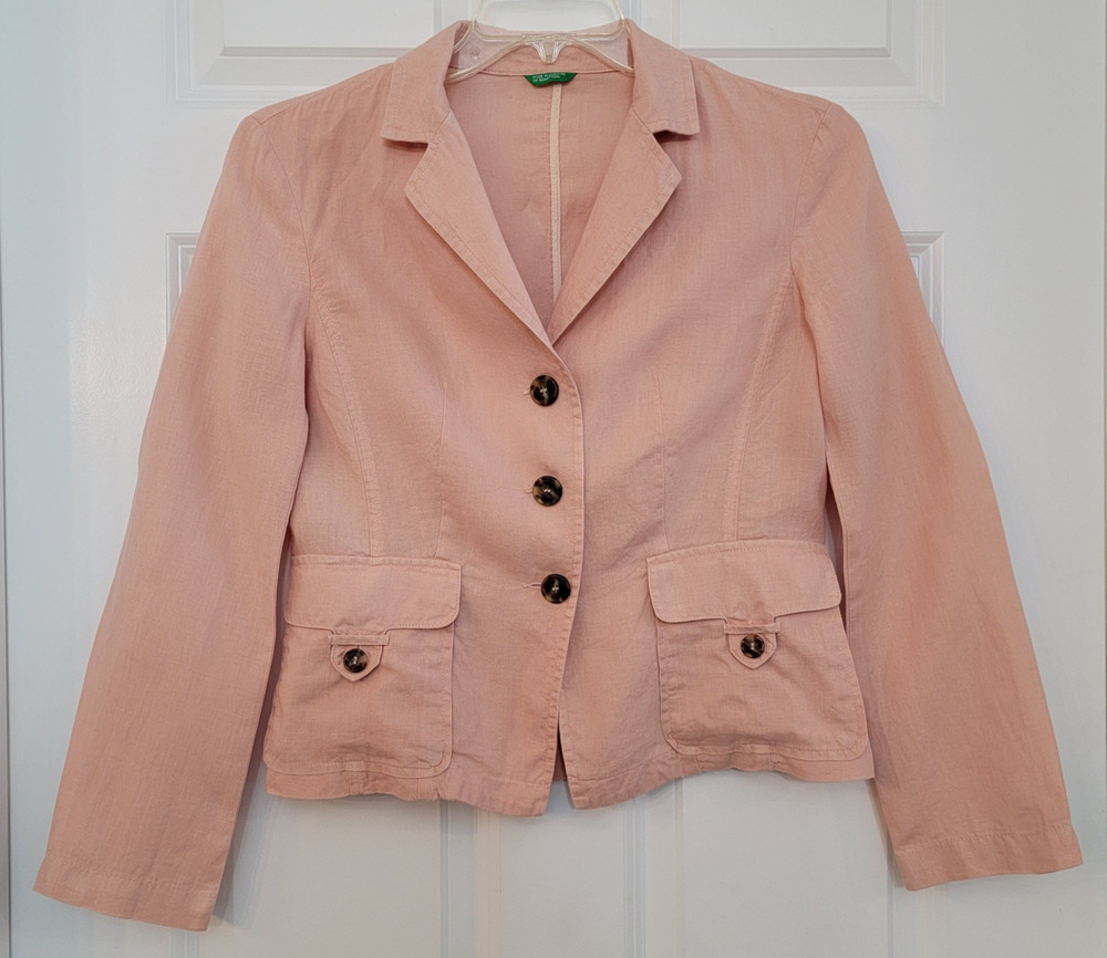 Vintage 90s Benetton 100% Linen Blazer Jacket Peach Pink Size IT 42 US 6 Small